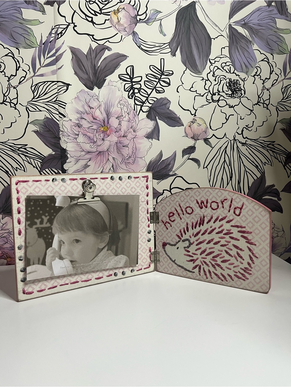 Baby girl Newborn Photo Frame Primitives by Kathy Hinged wood Stitch Art Gift